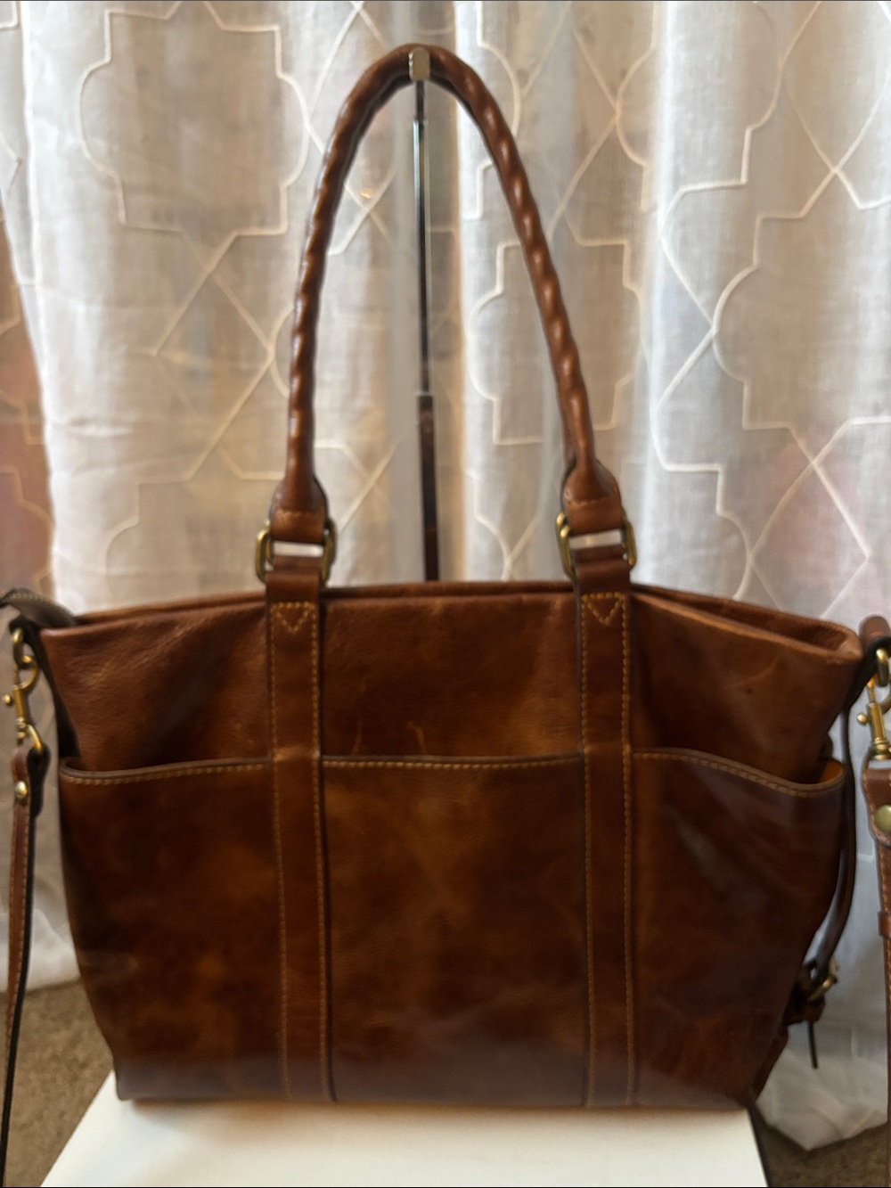 Distressed Brown Leather Tote Bag with Stud Details by Patricia Nash - Picture 7 of 15